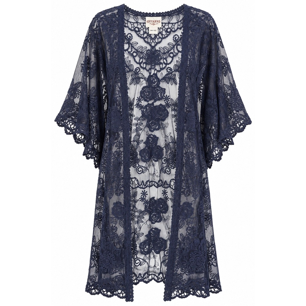 NEW Shyanne Navy Blue Floral Lace Mesh Kimono Duster Cardigan Open Front One Sz
